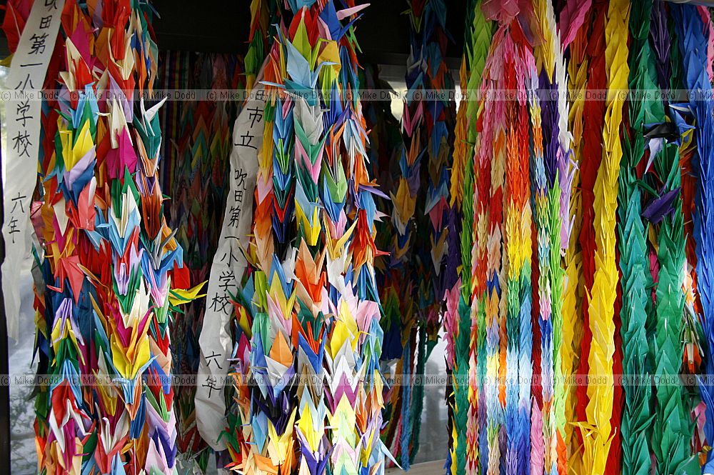 Childrens peace memorial with colourful paper cranes Hiroshima