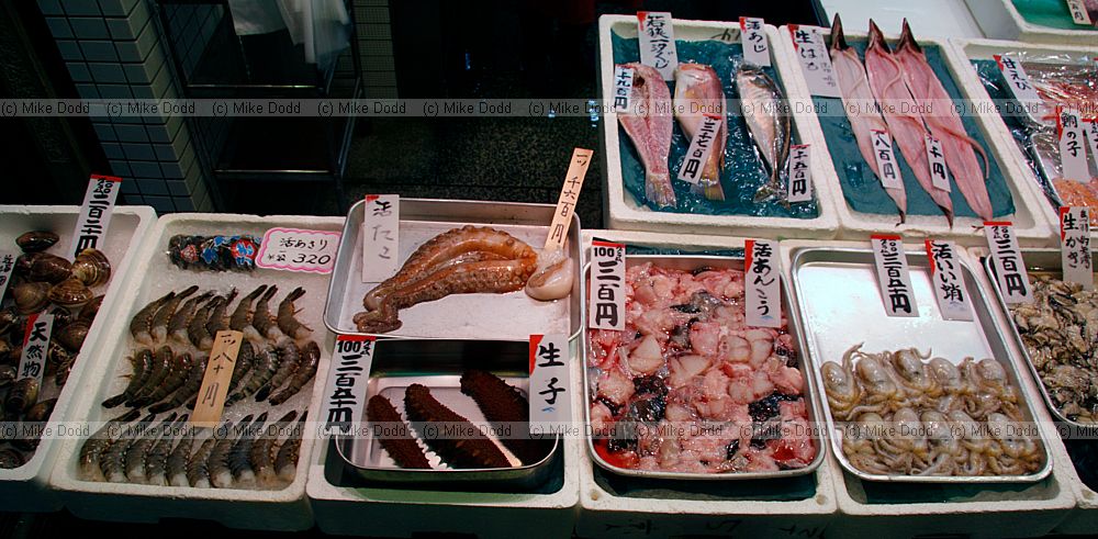 various seafoods including sea cucumber and octopus