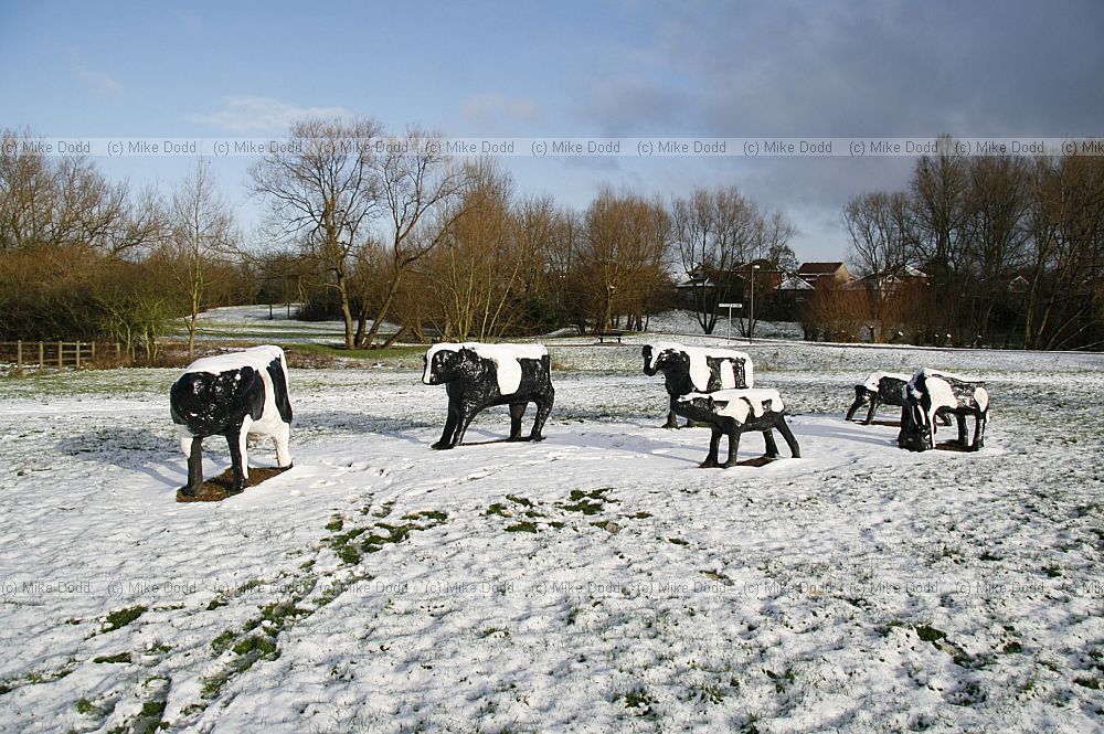 Concrete cows in snow Milton Keynes