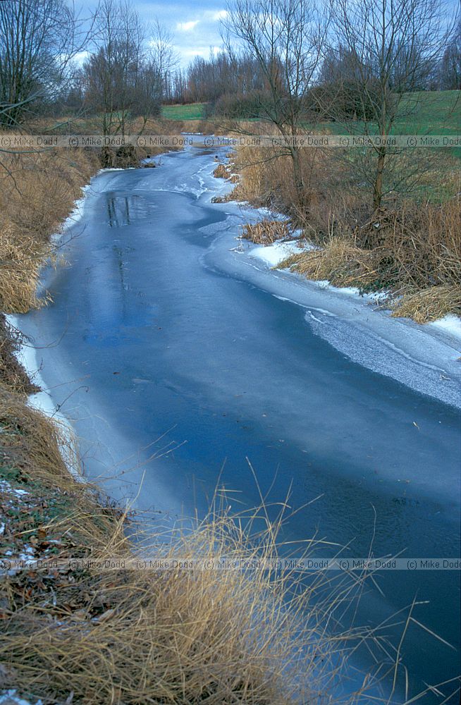 Frozen river Ouzel, Walton Hall, Milton Keynes