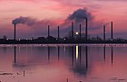 Brickworks Stewartby with smoking chimneys sunrise