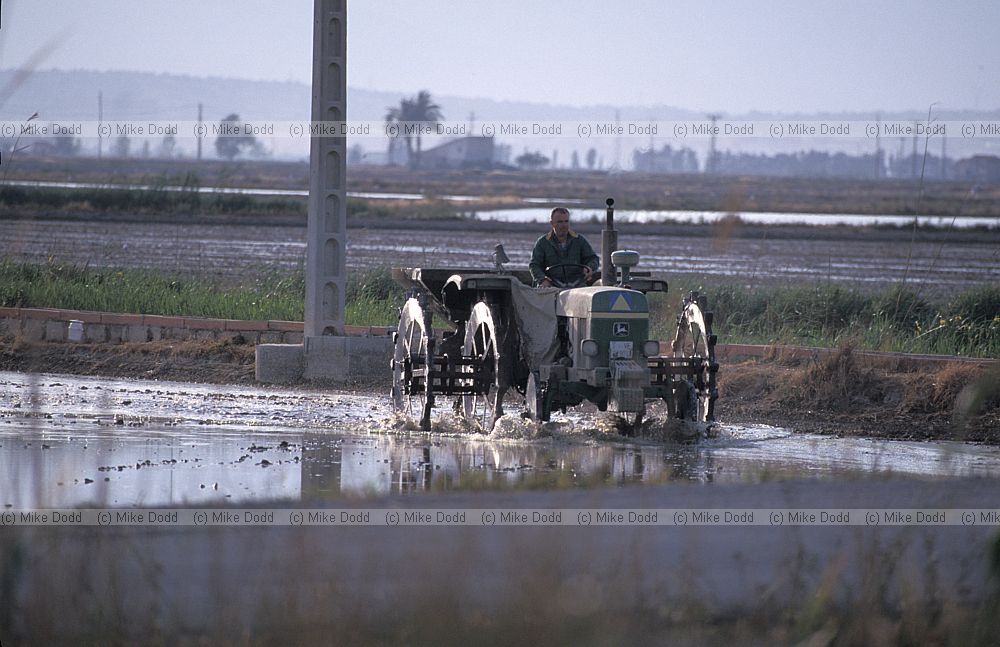 Tractor planting rice in flooded field Ebro delta