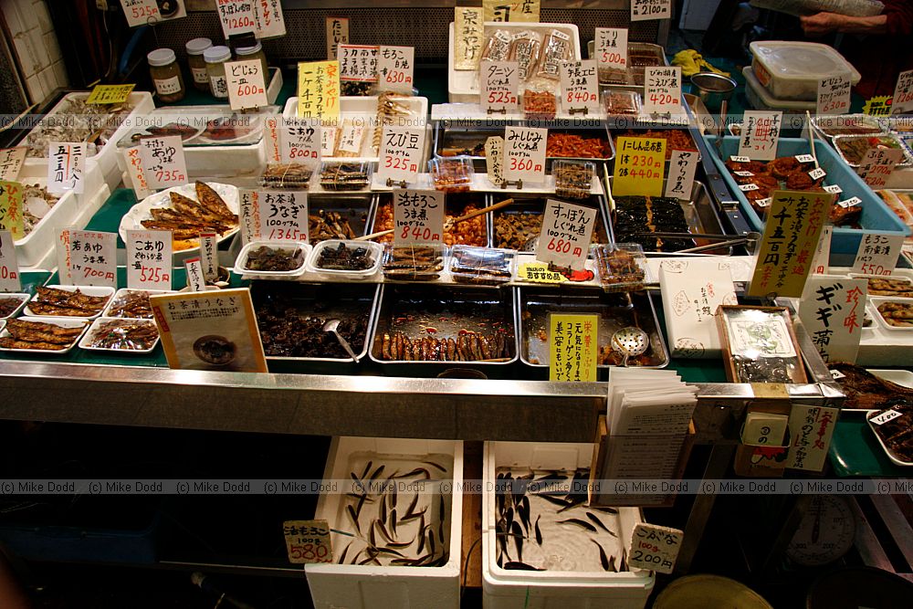Nishiki-koji Market fish stall including live fish