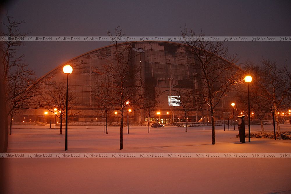 Xscape snowdome Milton Keynes in snow at dawn
