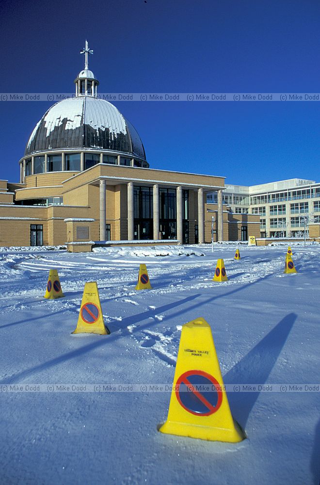 Church of Christ the cornerstone in snow, central Milton Keynes