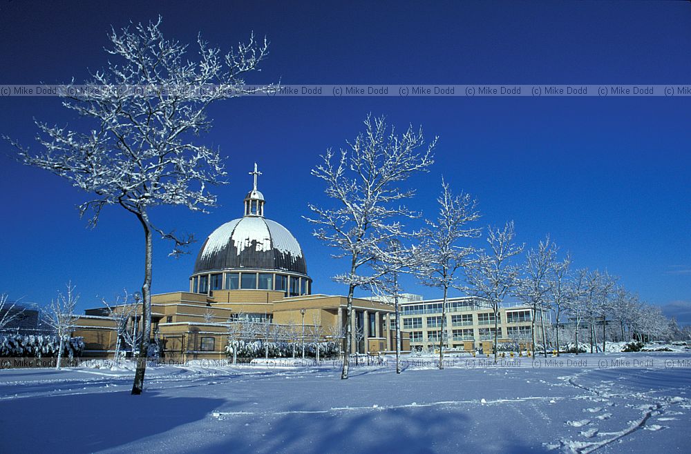 Church of Christ the cornerstone in snow, central Milton Keynes