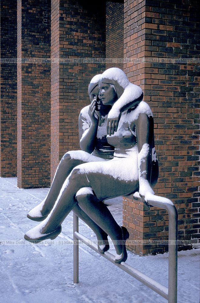 The Whisper sculpture by Andre Wallace outside the central library, in snow, central Milton Keynes