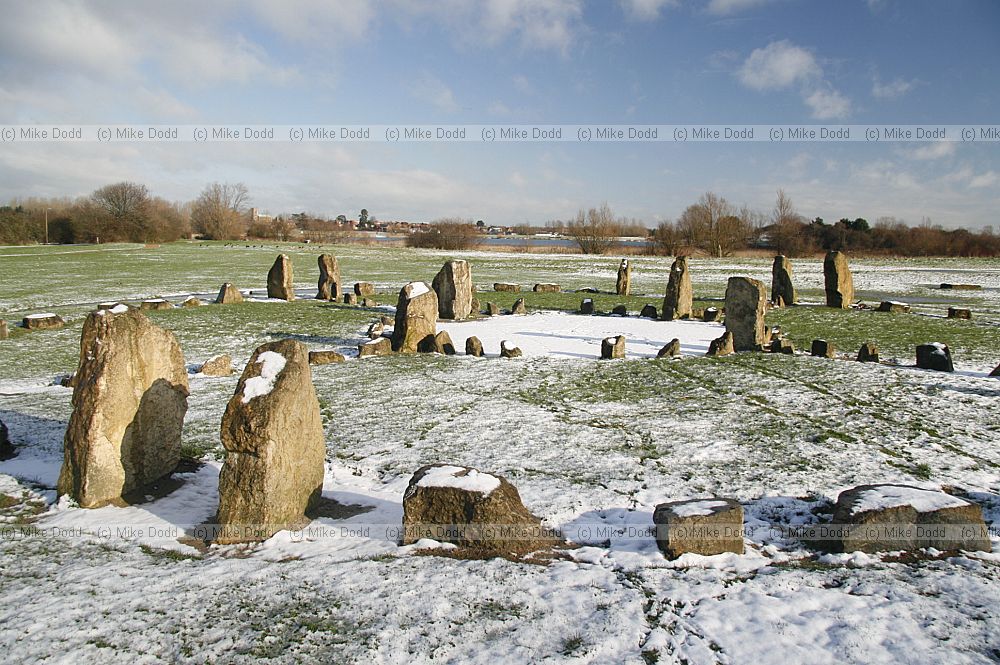 Circle of hearts medicine wheel stone circle with snow near Willen lake Milton Keynes