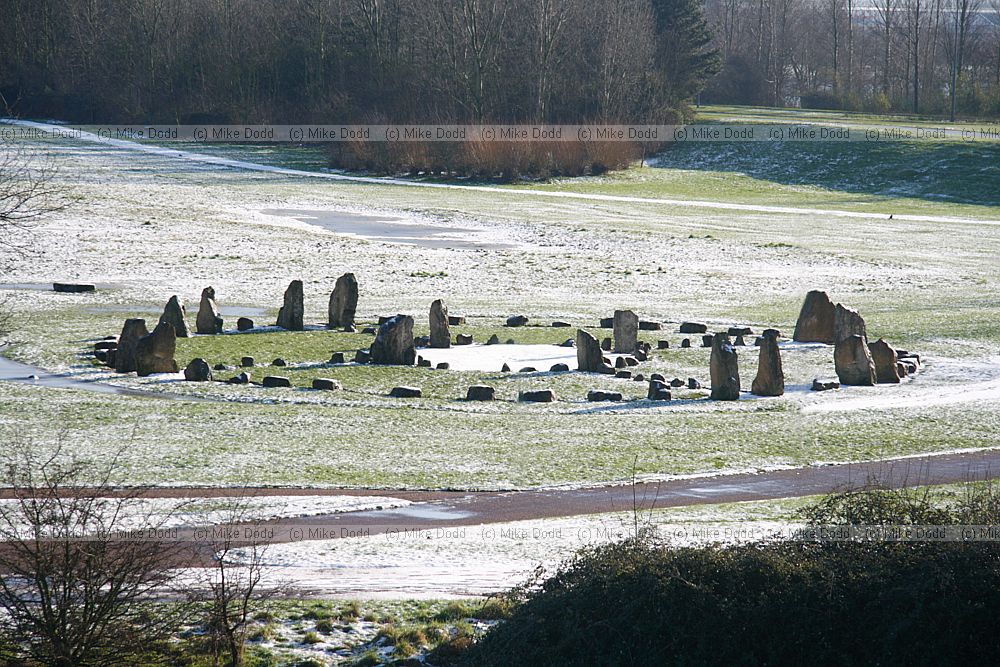 Circle of hearts medicine wheel stone circle with snow near Willen lake Milton Keynes