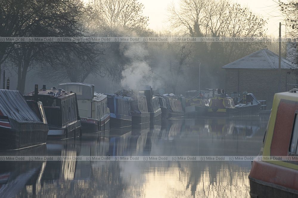 Smoke, early morning, canalboats, Fenny Stratford, Milton Keynes