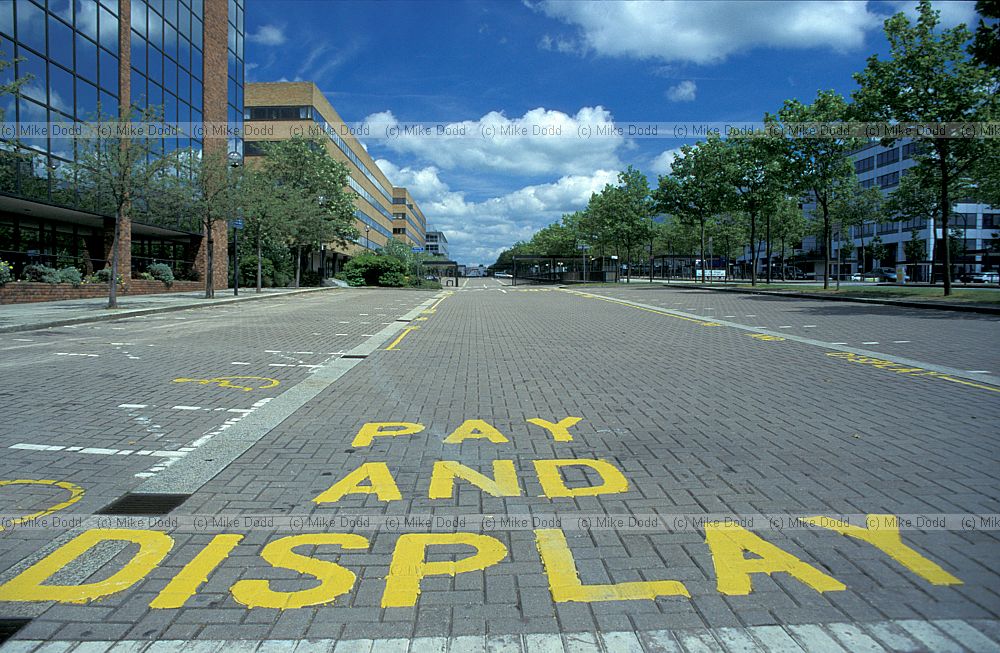 Pay and display writing on the road, central Milton Keynes