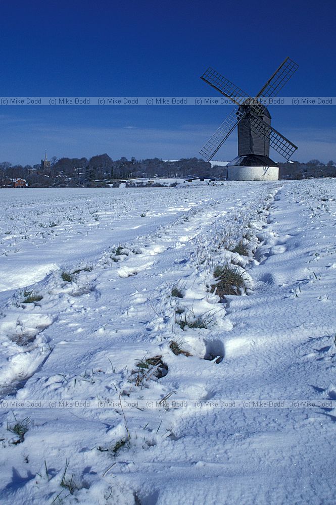 Pitstone post mill Buckinghamshire with snow