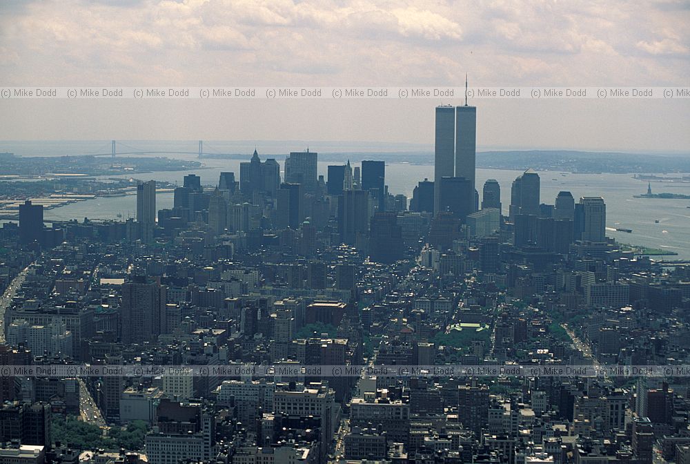 Manhatten New York from Empire state building including world trade centre twin towers