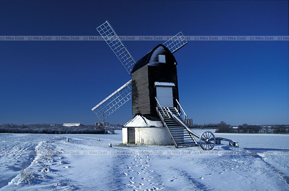 Pitstone post mill Buckinghamshire with snow