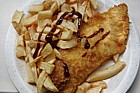 Fish and chips with brown sauce