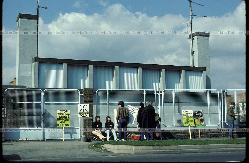 Nuclear shelter north Cheam with anti nuclear protesters