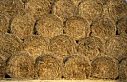 Straw bales stacked up round bales
