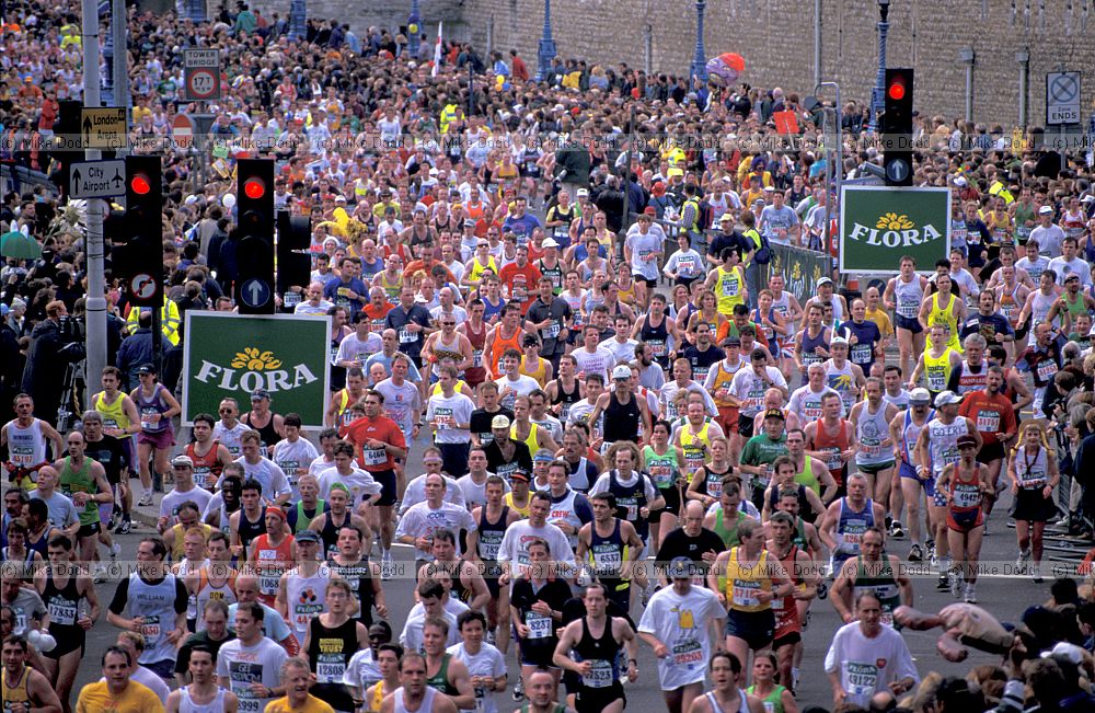 London marathon by tower bridge and tower of London