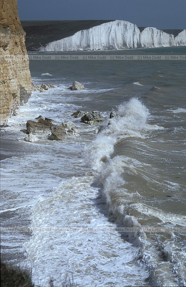 Waves, chalk cliffs.  Cuckmere haven, Sussex.