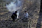 Conservation volunteers lighting fire in forest