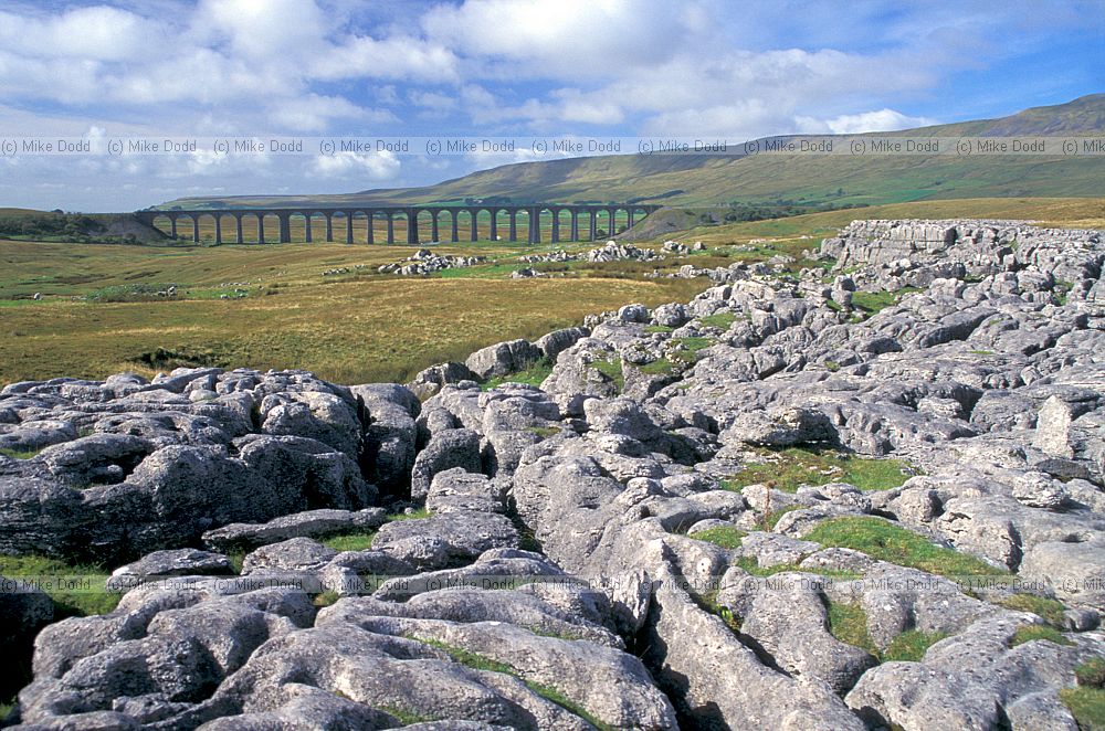 Ribblehaead viaduct distant and limestone pavement