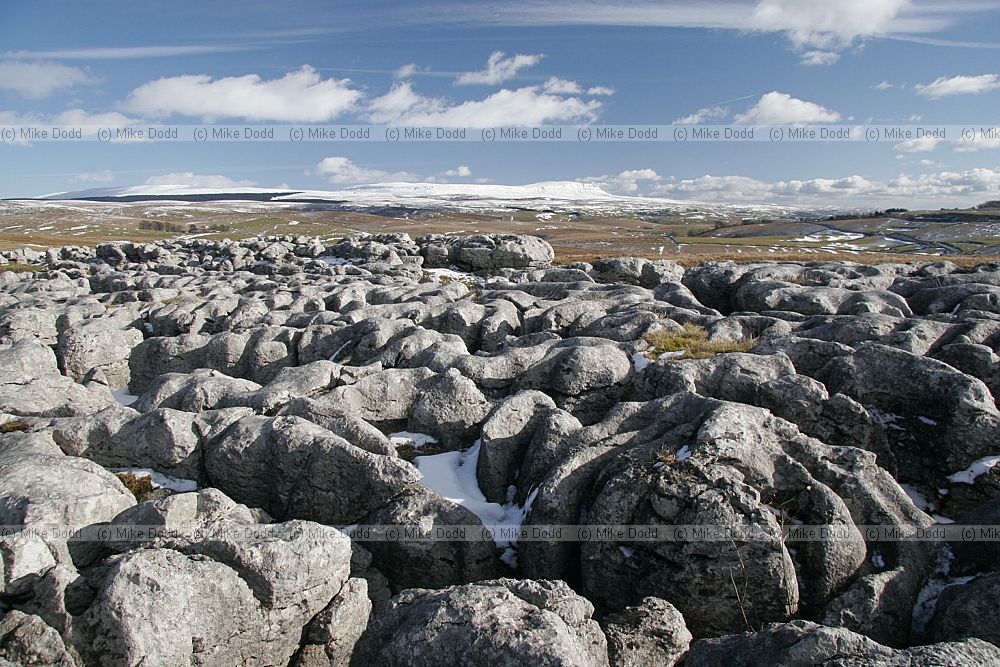 limestone pavement ribblehead and cumulus clouds