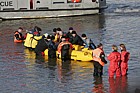Rescuers trying to save northern bottle nosed whale in river Thames at Battersea.  Police fireservice and British Divers Marine Life Rescue organisation taking part.