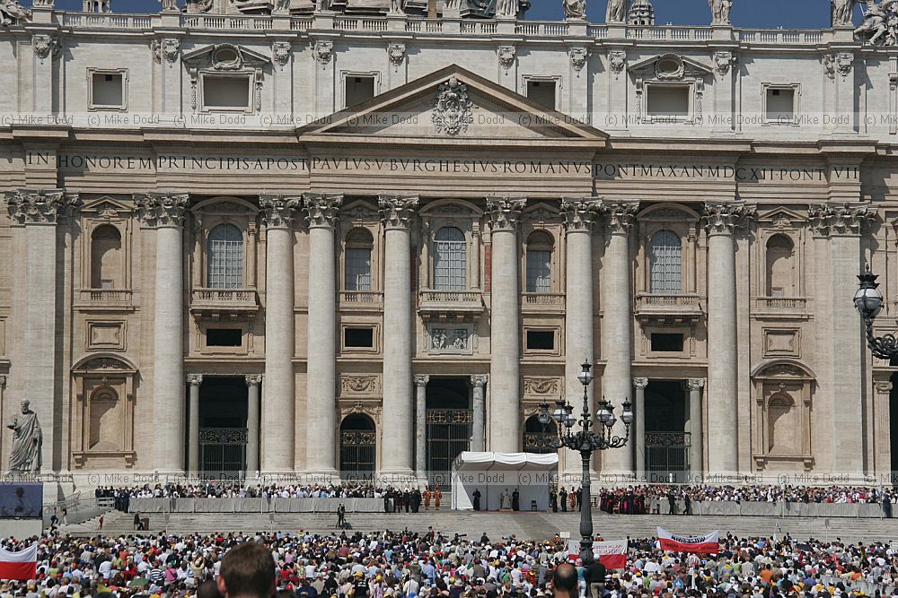 Piazza San Pietro and St Peters Basilica Vatican with crowds of people waiting to see the Pope