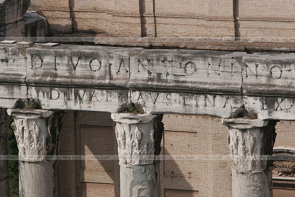 Inscription on beam across columns Tempio di Antonino e Faustina Roman forum