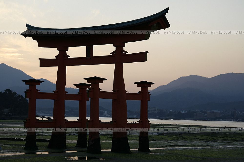 Sunset O-Torii gate to the Itsukushima shrine Miyajima Japan