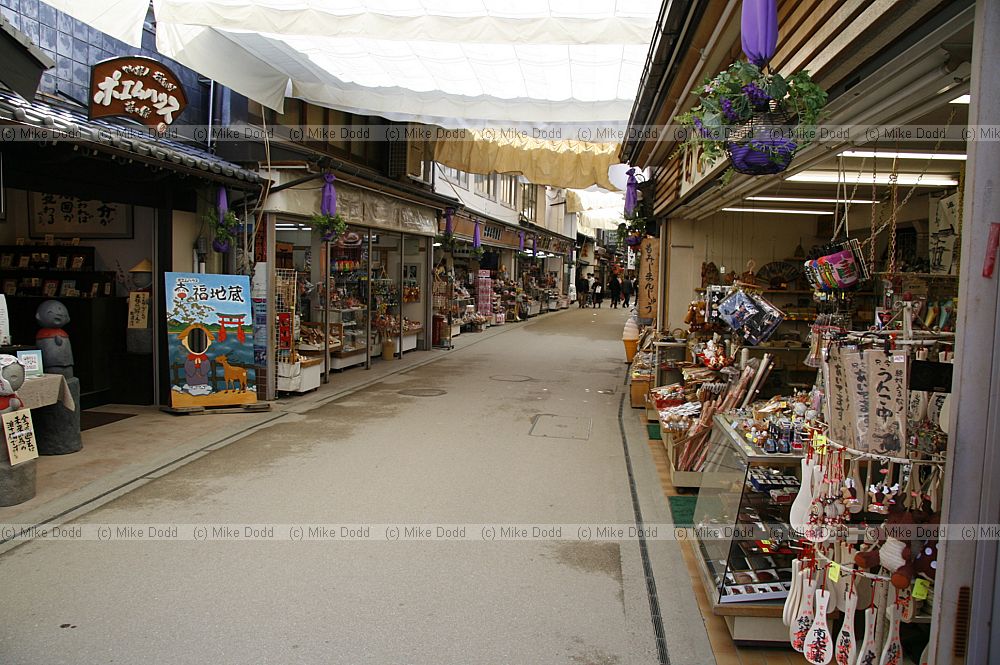 Shopping street with overhead blinds to keep off sun