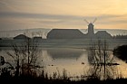 Flooded caldecotte lake and windmill pub, Milton Keynes