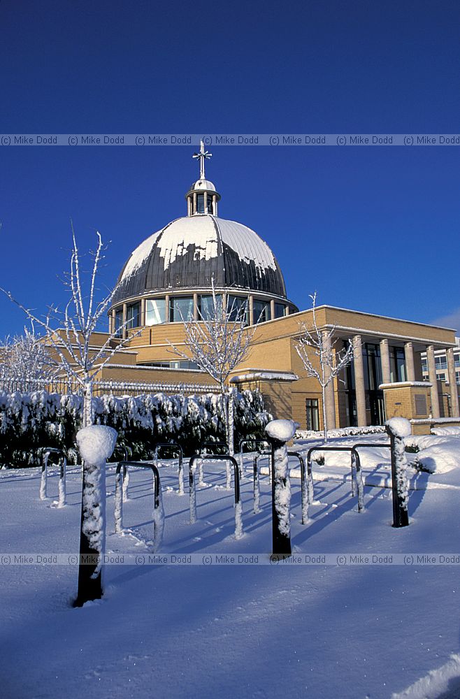 Church of Christ the cornerstone in snow, central Milton Keynes