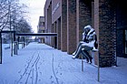The Whisper sculpture by Andre Wallace outside the central library, in snow, central Milton Keynes