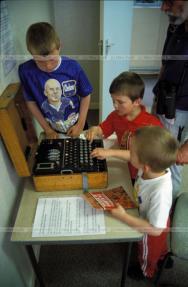 Kids with Enigma machine at Bletchley Park