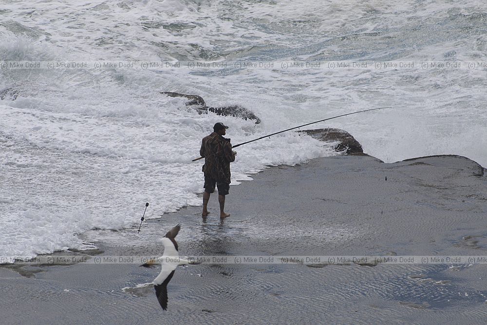 Man fishing from rocks with raging sea