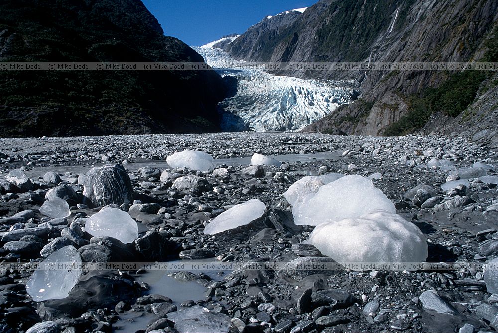 Blocks of ice after recent outwash event Franz Josef glacier 1995
