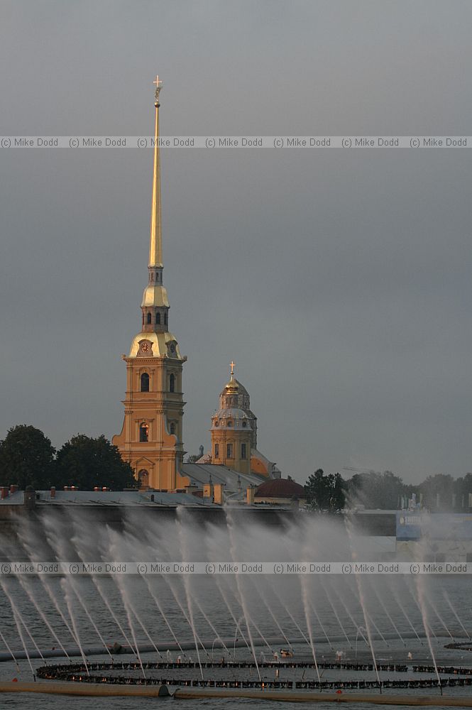 Fountains in river displaying to music