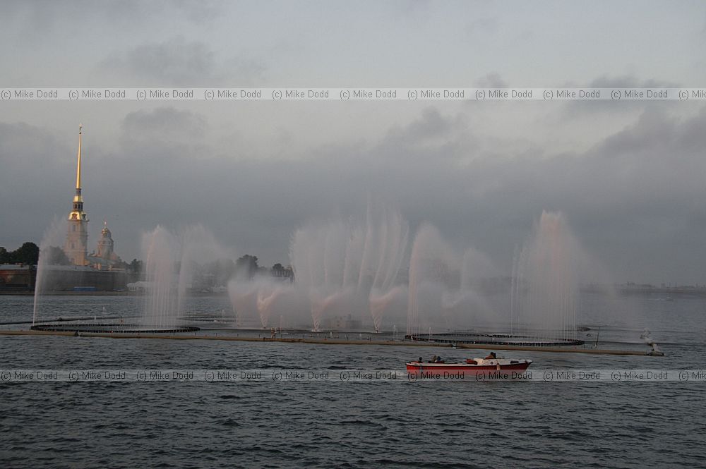 Fountains in river displaying to music