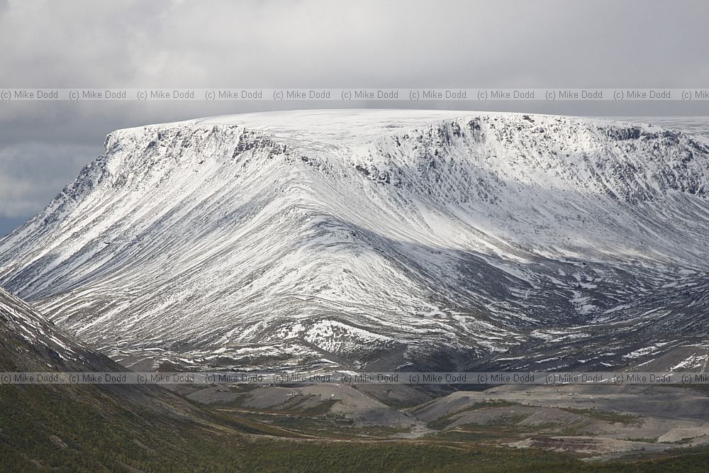 Khibini mountains with green leaves on the birch trees and snow on the higher slopes