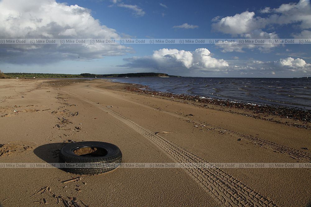 Tyre and tracks on the beach