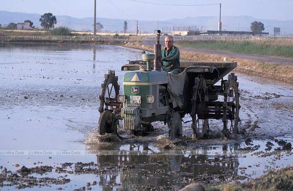 Tractor planting rice in flooded field Ebro delta