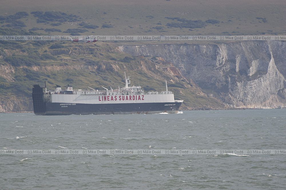 Arroyofrio Dos Madeira Lineas Suardiaz being followed by coastguard helicopter out of the solent