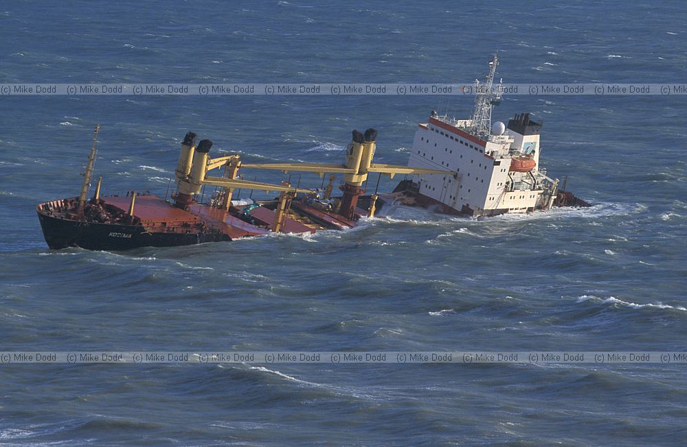 The Kodima ship run aground at Whitesands bay Plymouth.  Modern ship carrying timber from scandenavia to Japan?