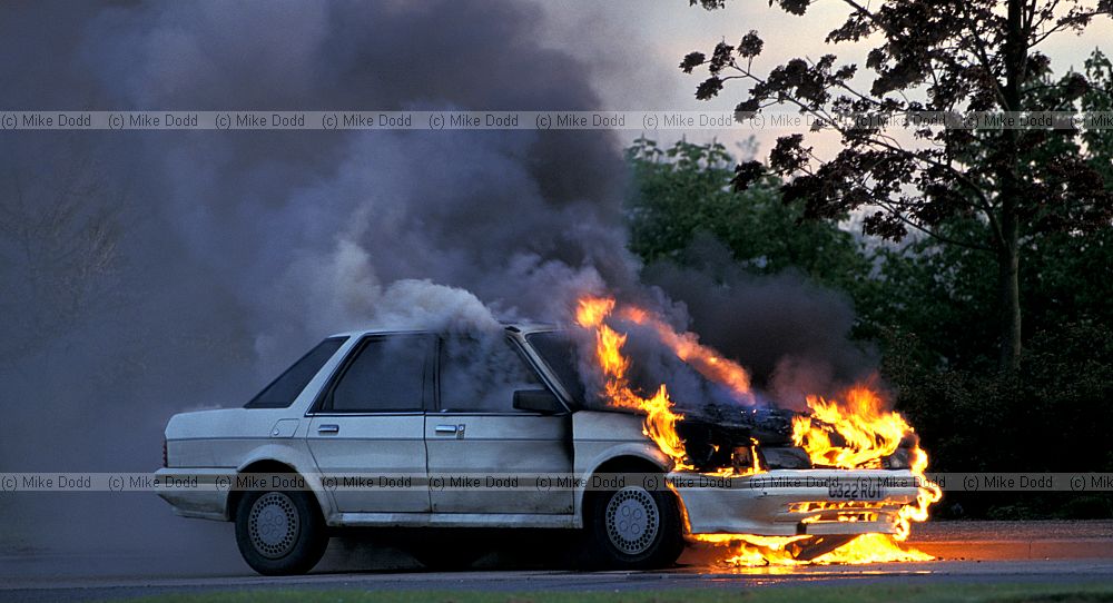Burning car at Willan, flames and smoke, Milton Keynes