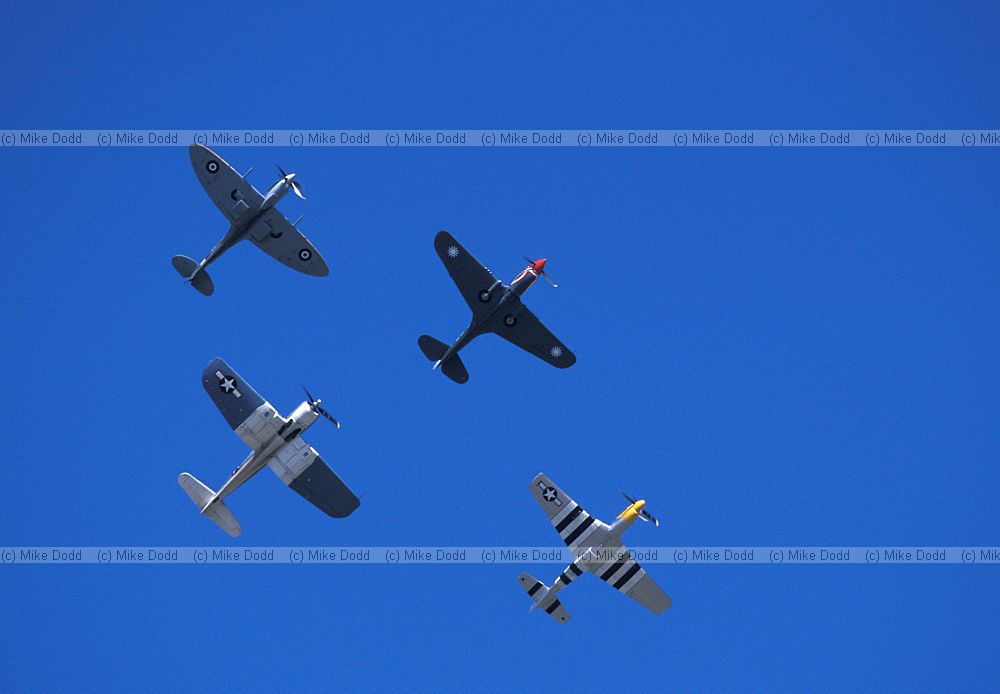 Hurricane Spitfire Mustang Corsair flying in formation